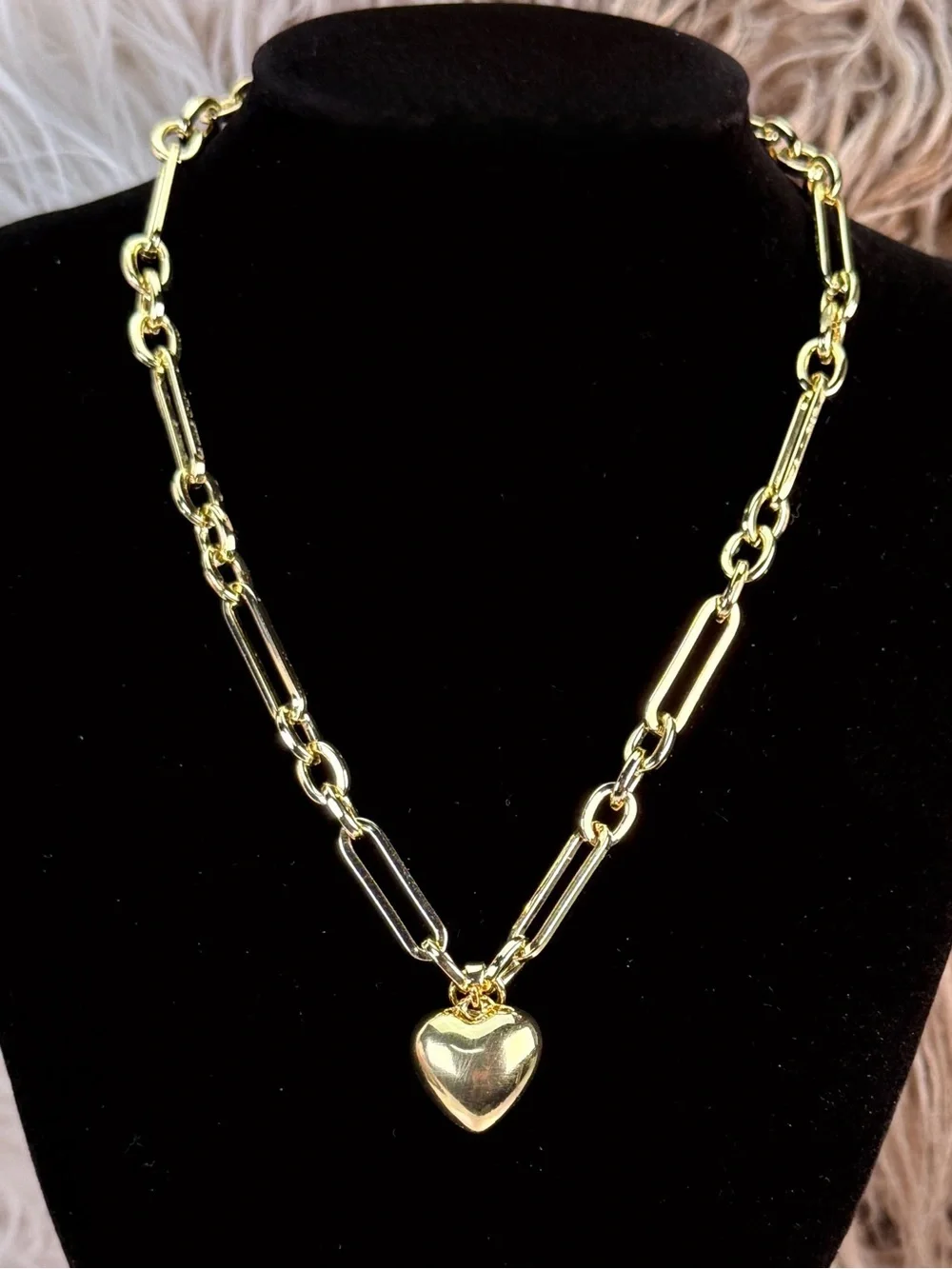 Gold Tone Paperclip Link Chain Puffy Heart Pendant Statement Necklace